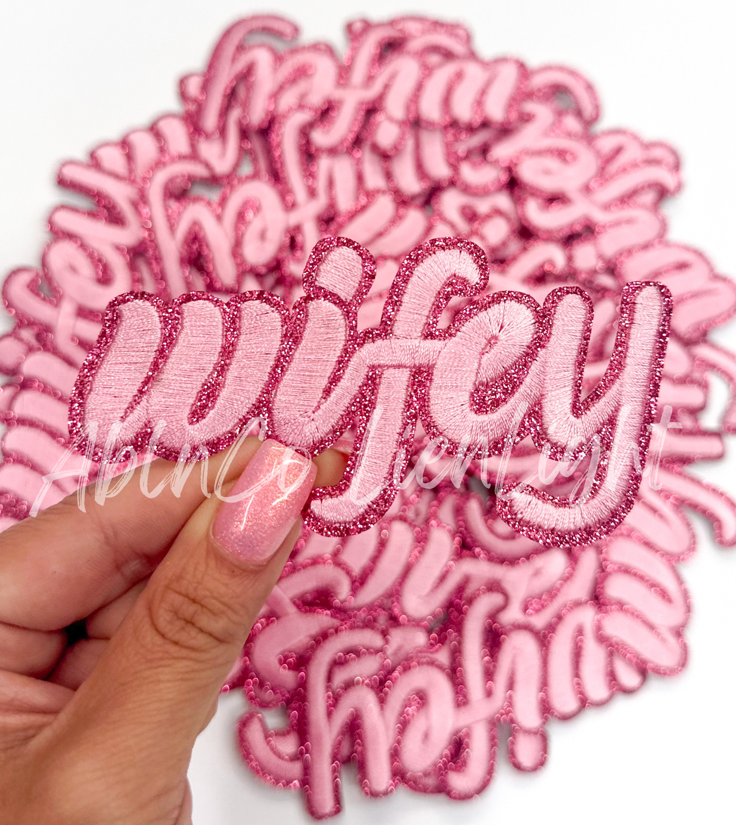 Cursive Wifey pink glitter patch