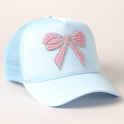 Rhinestone Bow Mesh Back Trucker Hat