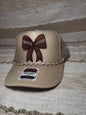 Tan Football Bow Trucker Hat with White & Gold Chain