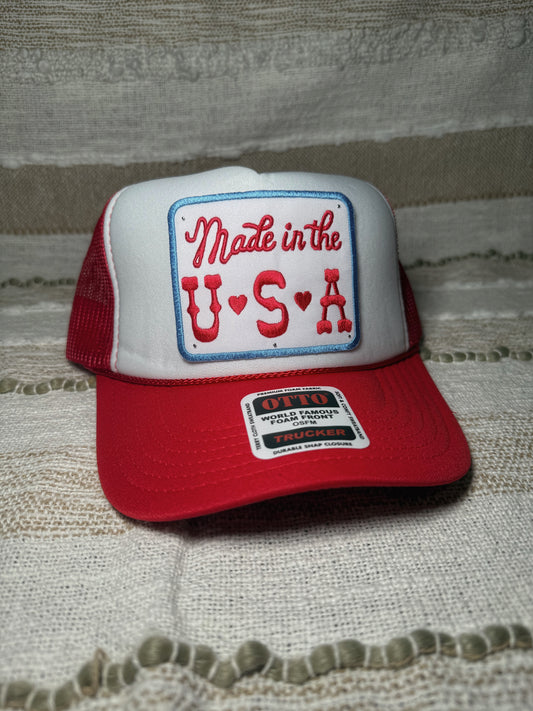 Red & White Hat with Made in the USA Patch