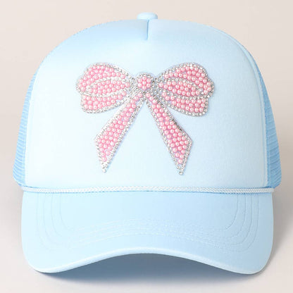 Rhinestone Bow Mesh Back Trucker Hat